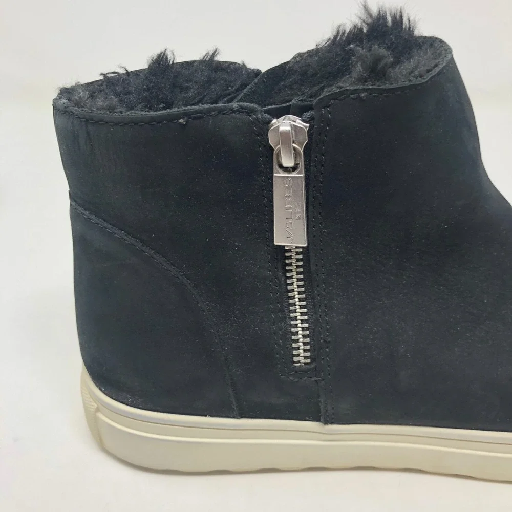 J Slides NYC Ankle Booties Womens 10 Black Leather Faux Fur Lined Side Zip